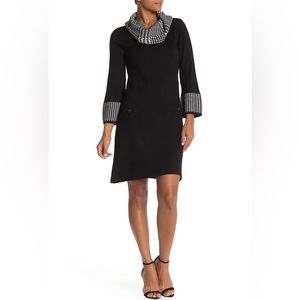Eliza J Black Sweater Dress Houndstooth Cowl Collar Faux Pockets Size Xl